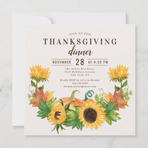 Thanksgiving Dinner Sunflower Pumpkin Watercolor Invitation