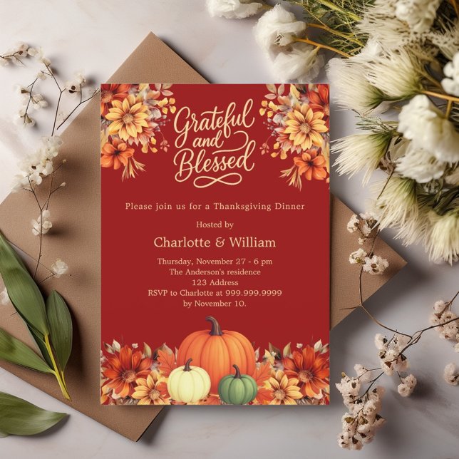 Thanksgiving dinner terracotta pumpkin flowers  invitation (Creator Uploaded)