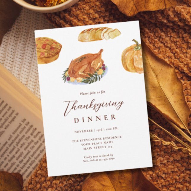 Thanksgiving Dinner Turkey & Pie Watercolor Rustic Invitation (Creator Uploaded)