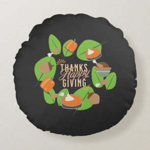 Thanksgiving Dinner Turkey Pumpkin Fall Greenery Round Cushion
