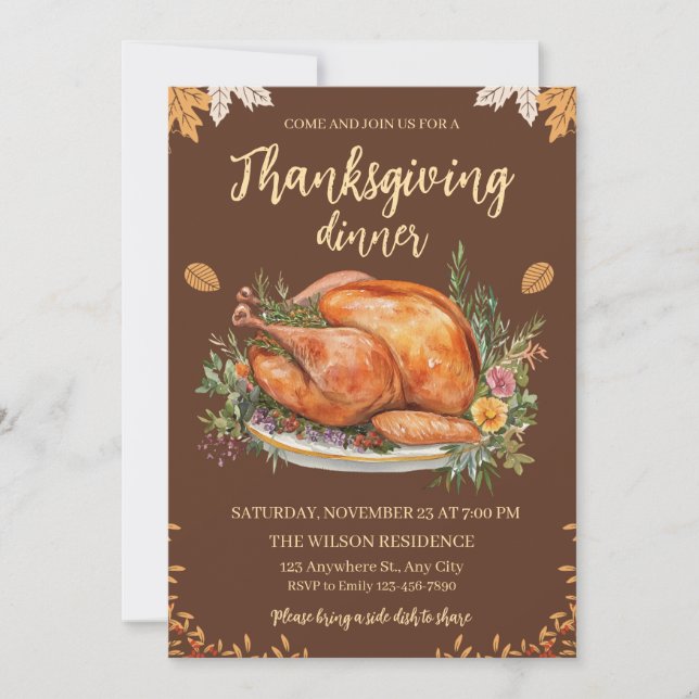 Thanksgiving Dinner Turkey Pumpkins Brown Invitation (Front)