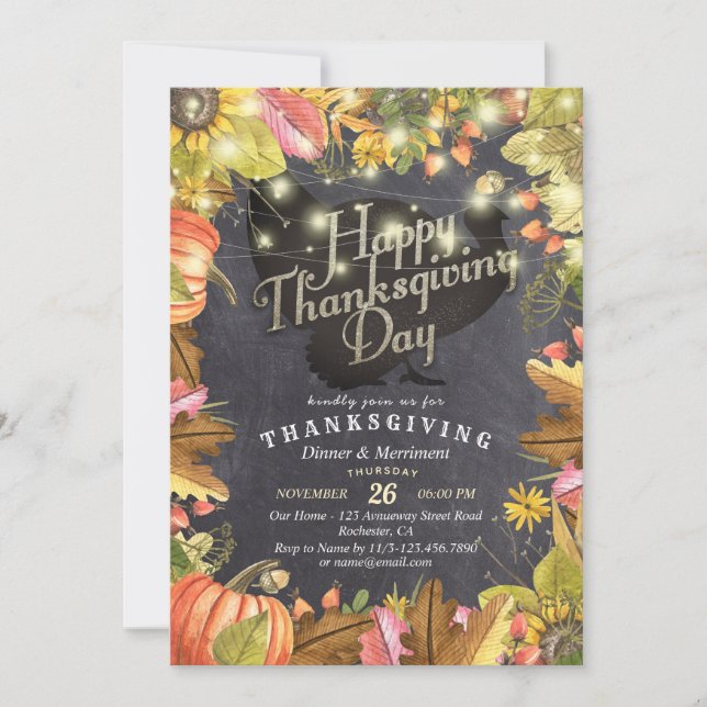 Thanksgiving Dinner Turkey Pumpkins & Fall Leaves Invitation (Front)