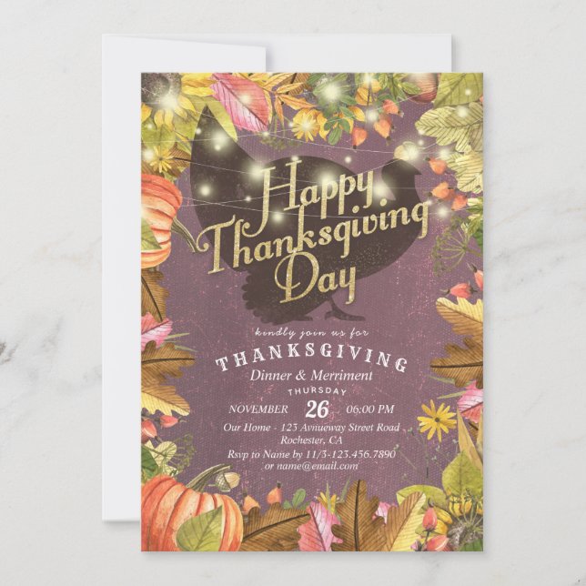 Thanksgiving Dinner Turkey Pumpkins & Fall Leaves Invitation (Front)