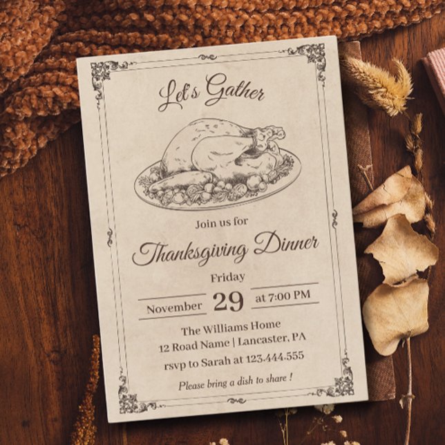 Thanksgiving Dinner Turkey Rustic Vintage Fall Invitation (Creator Uploaded)