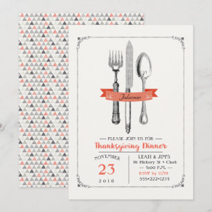 Thanksgiving Dinner Utensils Peach Grey Invitation