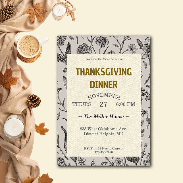 Thanksgiving Dinner Vintage Botanicals Custom Invitation (Creator Uploaded)