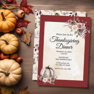 Thanksgiving Dinner Watercolor Burgundy Roses Invitation