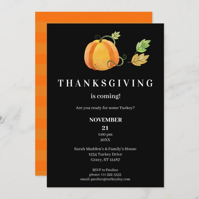 Thanksgiving Dinner Watercolor Pumpkin- Black2 Invitation (Front/Back)