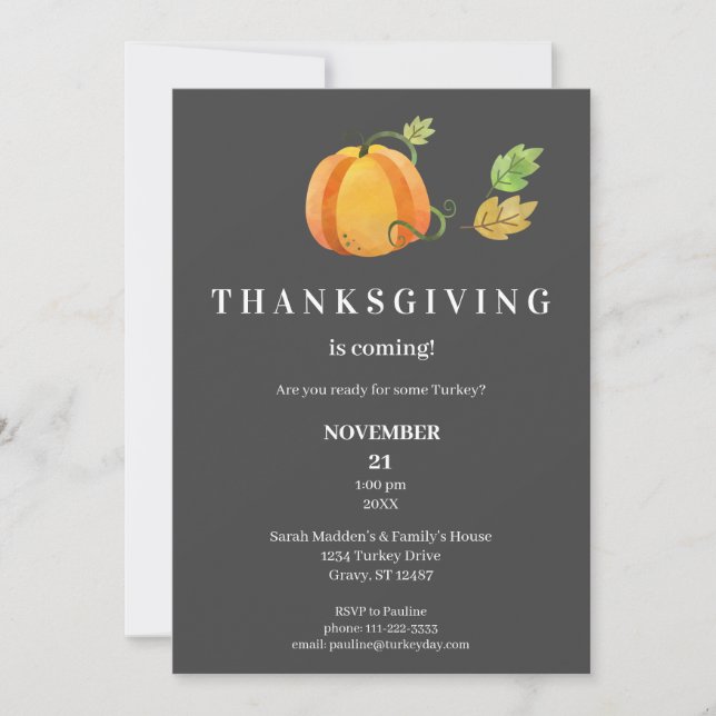 Thanksgiving Dinner Watercolor Pumpkin- Dark Grey Invitation (Front)