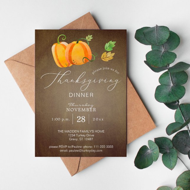 Thanksgiving Dinner Watercolor Pumpkin Duo Gold Invitation (Creator Uploaded)