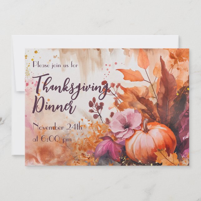 Thanksgiving Dinner Watercolor Pumpkins Invitation (Front)