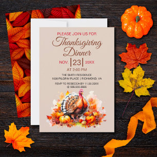 Thanksgiving Dinner Watercolor Turkey, Pumpkin  Invitation
