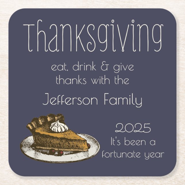 Thanksgiving Dinner with Pie Illustration Square Paper Coaster (Front)