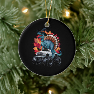 Thanksgiving Dinosaur T-Rex Monster Truck Ceramic Tree Decoration