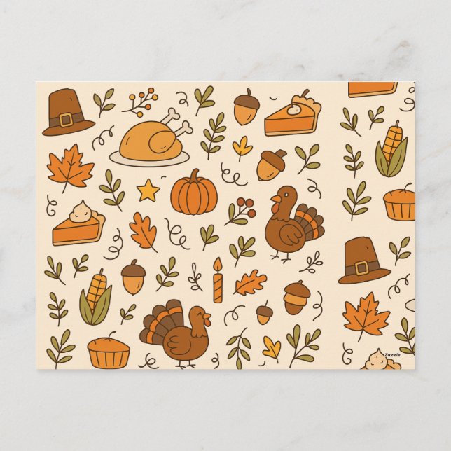 Thanksgiving Doodles Seamless Pattern Holiday Postcard (Back)