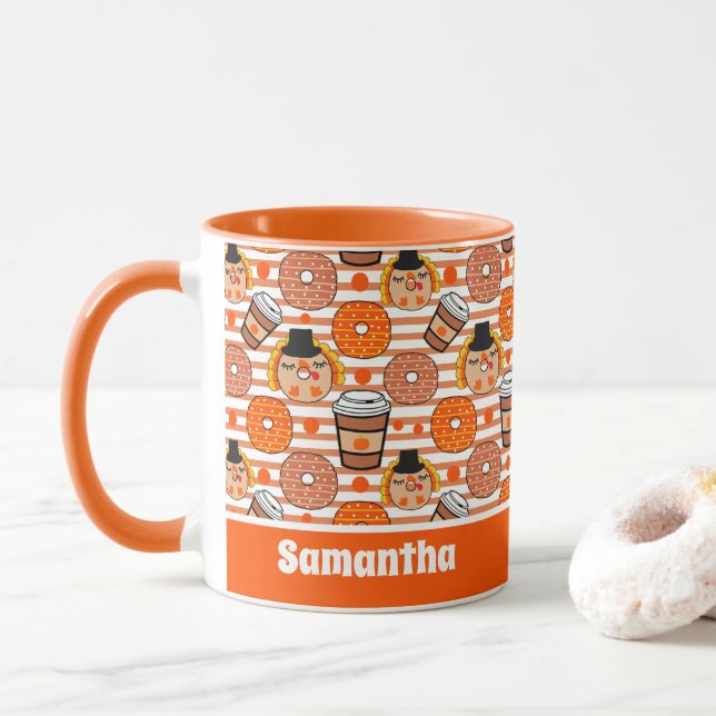 Thanksgiving Doughnuts and Coffee Fall Orange Stri Mug (With Donut)