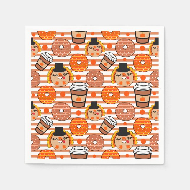 Thanksgiving Doughnuts and Coffee Fall Orange Stri Napkin (Front)