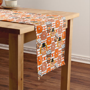 Thanksgiving Doughnuts and Coffee Fall Orange Stri Short Table Runner