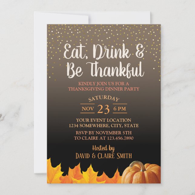 Thanksgiving Eat Drink & Be Thankful Dinner Party Invitation (Front)