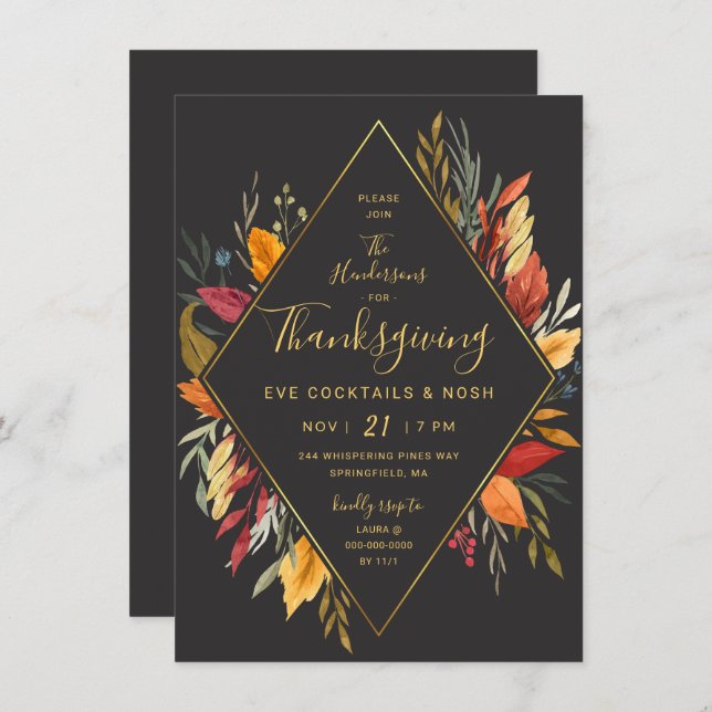 Thanksgiving Eve Cocktail Party Watercolor Foliage Invitation (Front/Back)