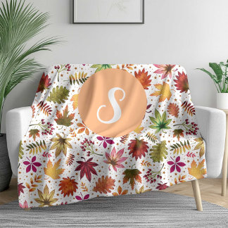 Thanksgiving Fall Autumn Leaves Pattern Monogram Fleece Blanket