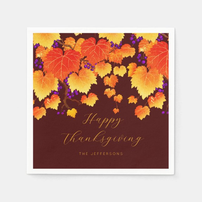 Thanksgiving Fall Foliage Grape Orange Gold Leaves Napkin (Front)