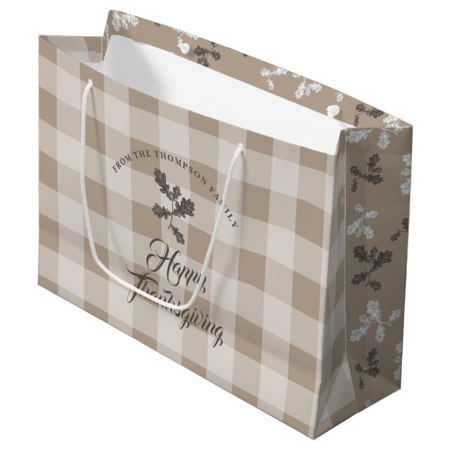 Thanksgiving Fall Foliage Leaves Brown Plaid Large Gift Bag (Front Angled)