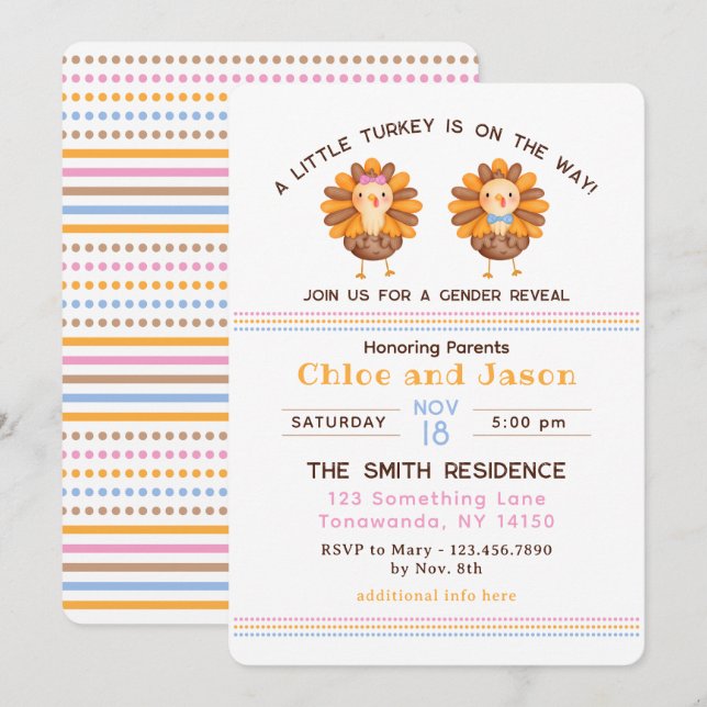 Thanksgiving Fall Gender Reveal Turkey Invitation (Front/Back)