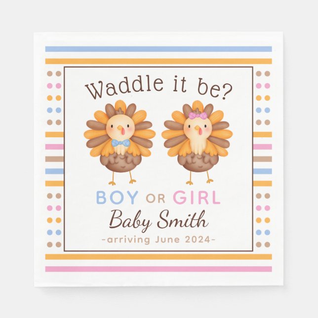Thanksgiving Fall Gender Reveal Turkey Napkin (Front)