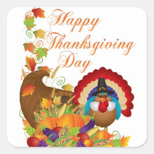Thanksgiving Fall Harvest Cornucopia and Turkey Square Sticker