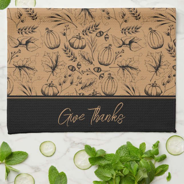 Thanksgiving Fall Harvest Give Thanks Tea Towel (Folded)