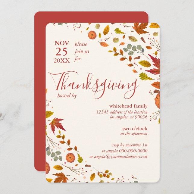Thanksgiving Fall Leaf Pumpkin Corners Invitation (Front/Back)