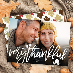 Thanksgiving Fall Leaves Brushed Script Photo Holiday Card