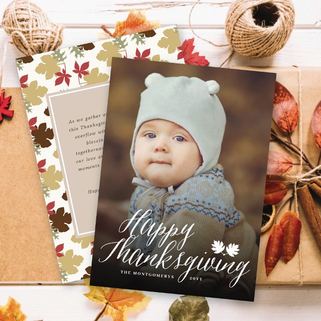 Thanksgiving Fall Leaves Simple Script Photo Holiday Card (Creator Uploaded)