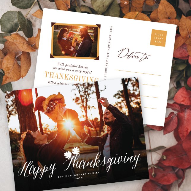 Thanksgiving Fall Leaves Simple Script Photo Holiday Postcard (Thanksgiving Fall Leaves Simple Script Modern Photo Holiday Postcard @ fat_fa_tin)