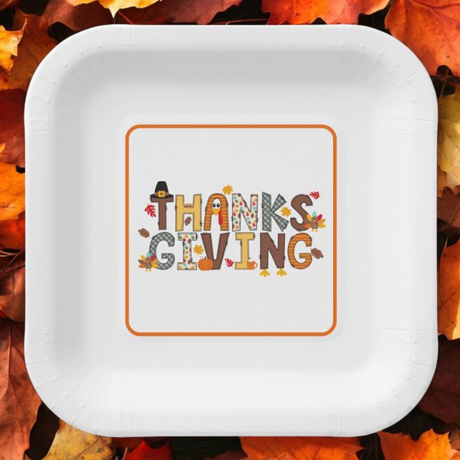 Thanksgiving Fall Pattern Lettering Turkey Leaves Paper Plate (Creator Uploaded)