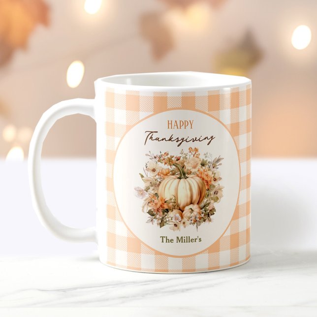 Thanksgiving Fall Pumpkin Gingham Pastel Name Coffee Mug (Thanksgiving Fall Pumpkin Gingham Pastel Name Coffee Mug)