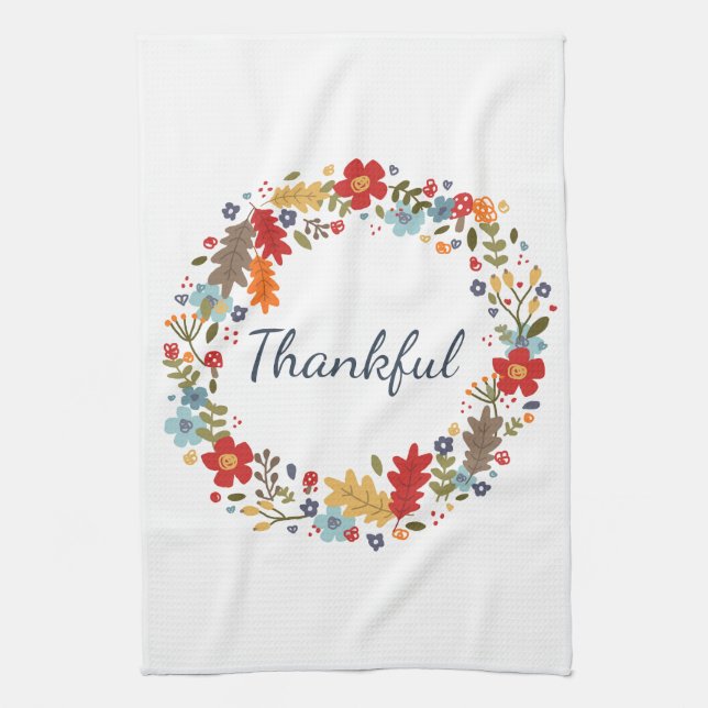 Thanksgiving Fall Thankful Wreath Home Decor Tea Towel (Vertical)
