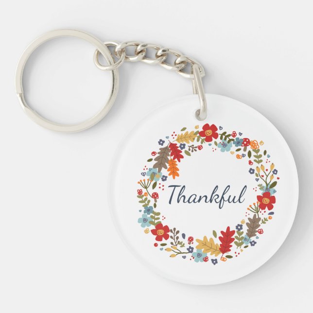 Thanksgiving Fall Thankful Wreath Red Home Key Ring (Front)