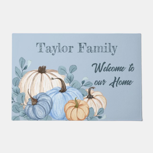 Thanksgiving Fall Watercolor Blue Pumpkin Patch Doormat (Front)
