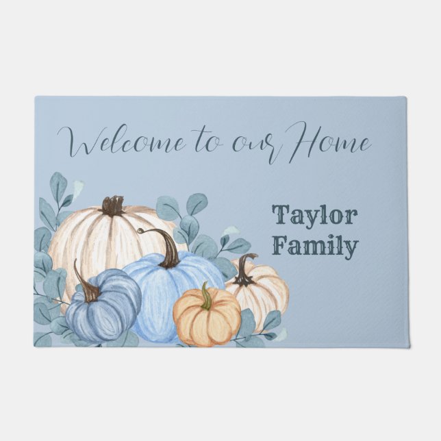 Thanksgiving Fall Watercolor Blue Pumpkin Patch Doormat (Front)
