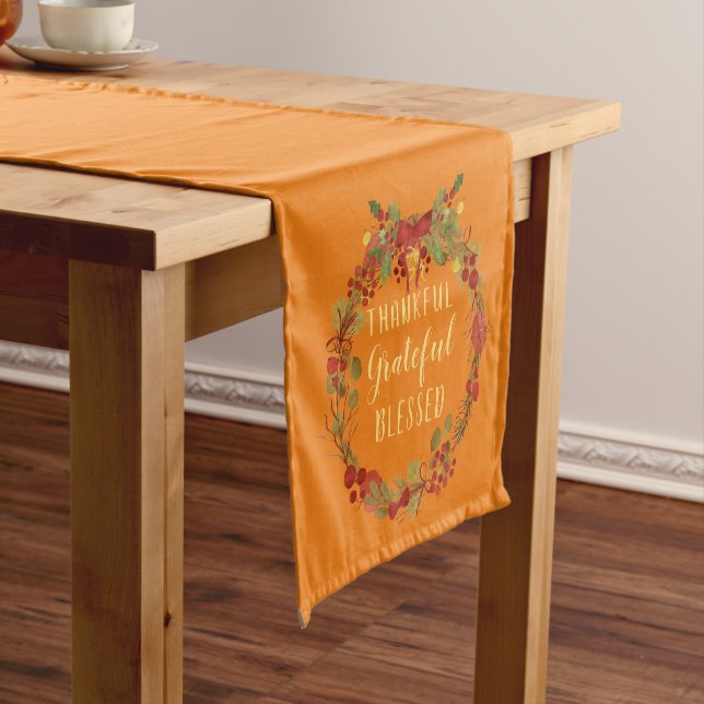 Thanksgiving Fall Wreath Thankful Grateful Blessed Short Table Runner (In Situ)