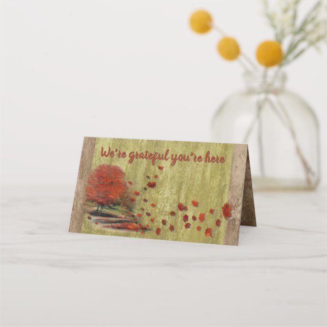 Thanksgiving Falling Leaves Landscape Place Card (Front)