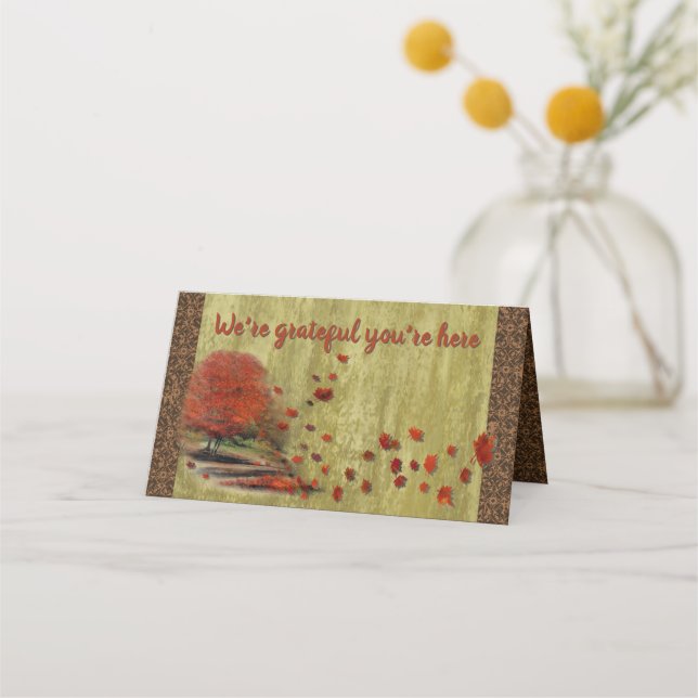 Thanksgiving Falling Leaves Landscape Place Card (Front)