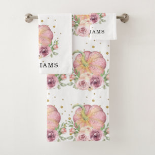 Thanksgiving Family Name Pumpkin Pink Bath Towel Set