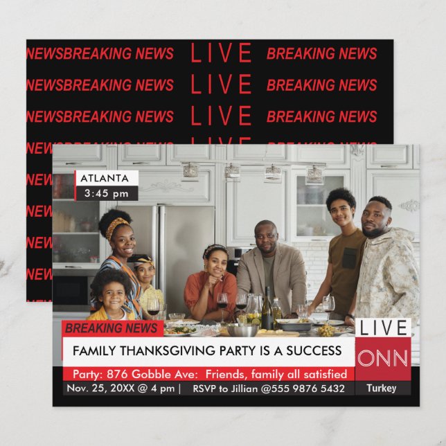 Thanksgiving Family  Party Breaking TV News Value Invitation (Front/Back)