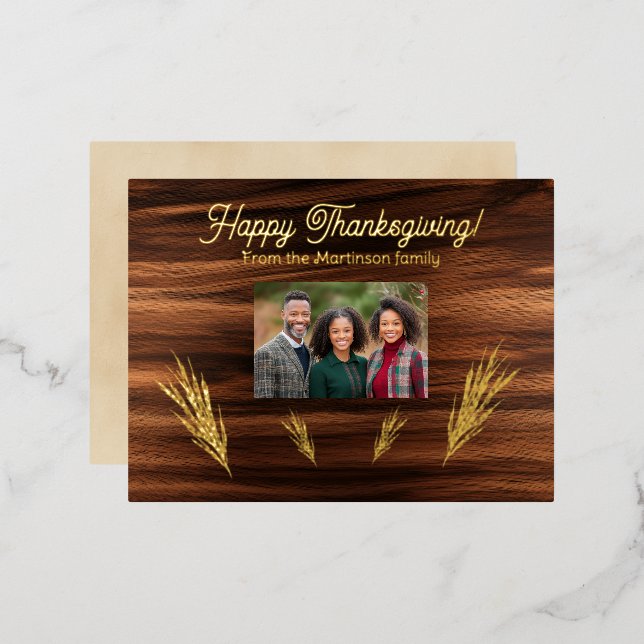 Thanksgiving Family Photo Wheat on Wood Foil Holiday Postcard (Front/Back)