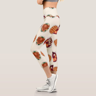 Thanksgiving Feast Pattern - Turkey, Pie, & Fruits Capri Leggings