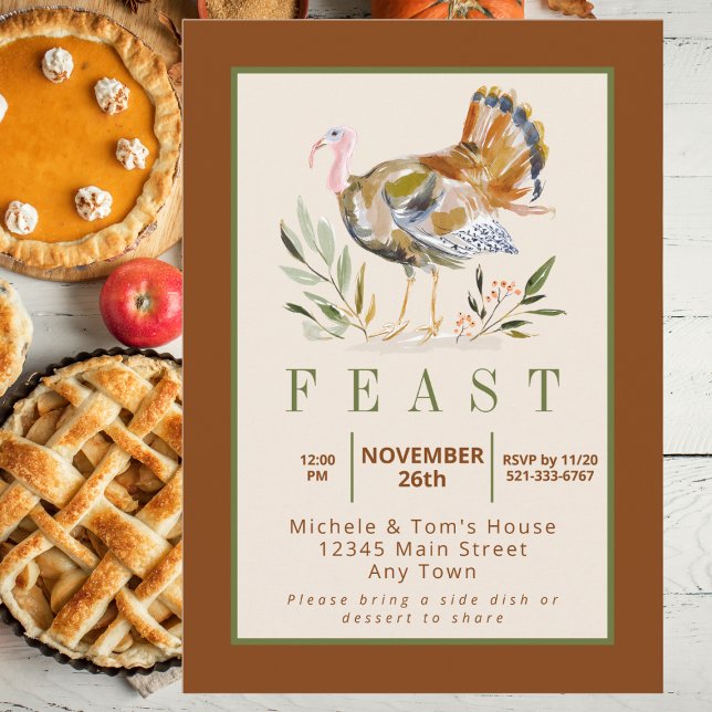 Thanksgiving Feast Watercolor Turkey Foliage Invitation (Creator Uploaded)