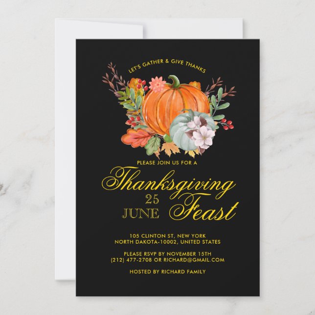 Thanksgiving Fest Dinner Rustic Pumpkin Black Invitation (Front)